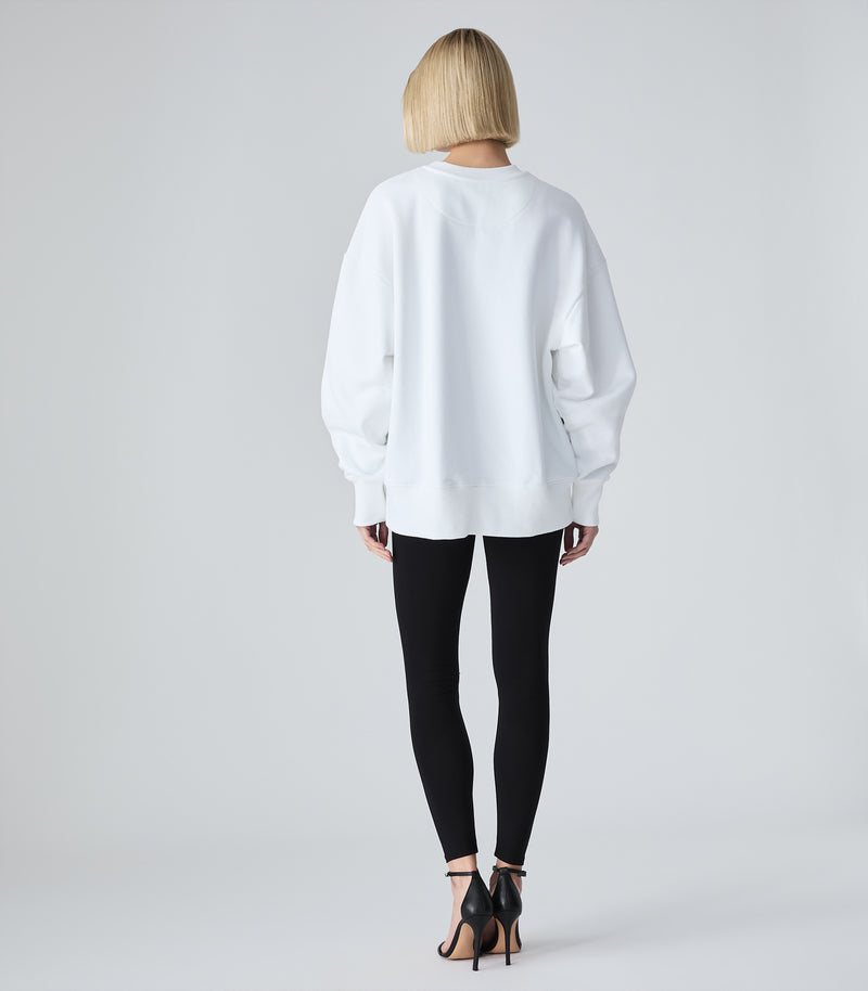 Full-length back view of a model wearing an oversized white crewneck sweatshirt. The top is styled with black leggings and black strappy heels against a light grey background.