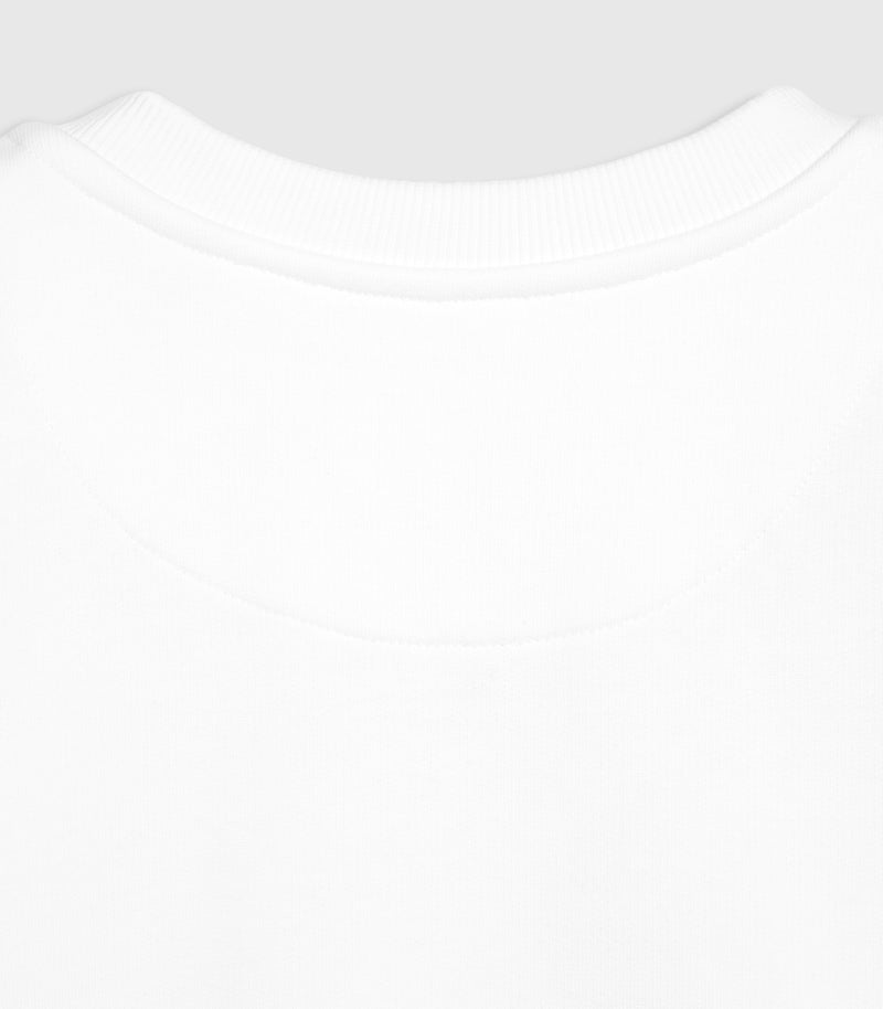 Close-up product view of the back of a white crewneck sweatshirt, showcasing the ribbed knit collar, clean tonal topstitching, and a curved half-moon fabric yoke reinforcement at the inner neck against a light grey background.
