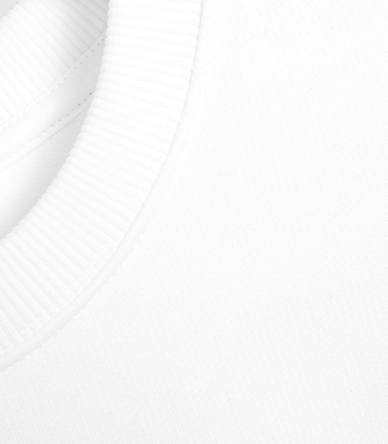Close-up product view of a white crewneck sweatshirt, showcasing the fine knit texture of the premium cotton-blend jersey fabric, the structured ribbing on the collar, and the clean tonal topstitching along the neck seam.