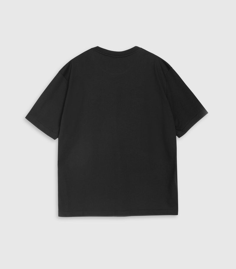 Flat lay product back view of a loose-fit black t-shirt, complete with a classic crew neckline and short sleeves against a light grey background.