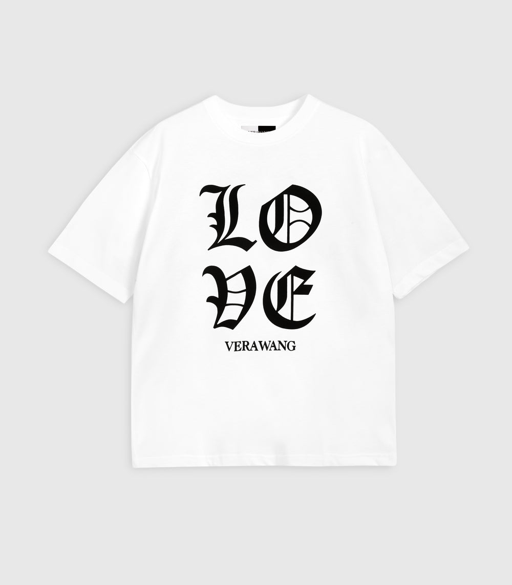 A white t-shirt with 'LOVE VERA WANG' spell-out logo across the front, against a white background.