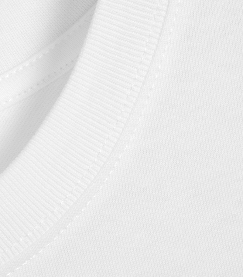 A detailed shot of the neckline stitching of a white t-shirt.