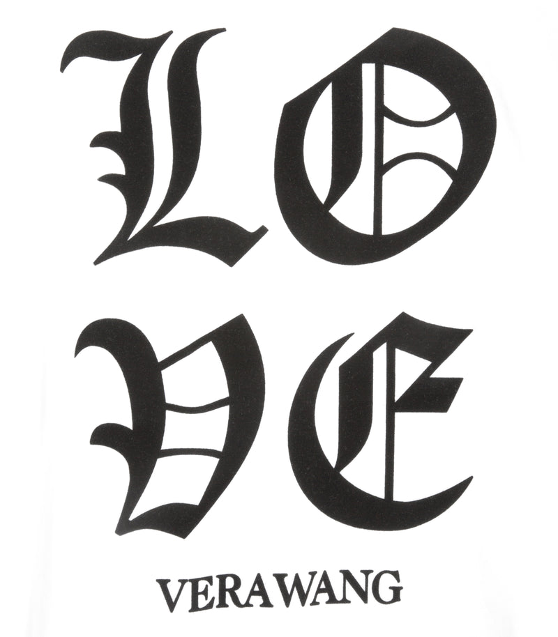 A close-up shot of the black 'LOVE VERA WANG' spell-out logo on a white background.