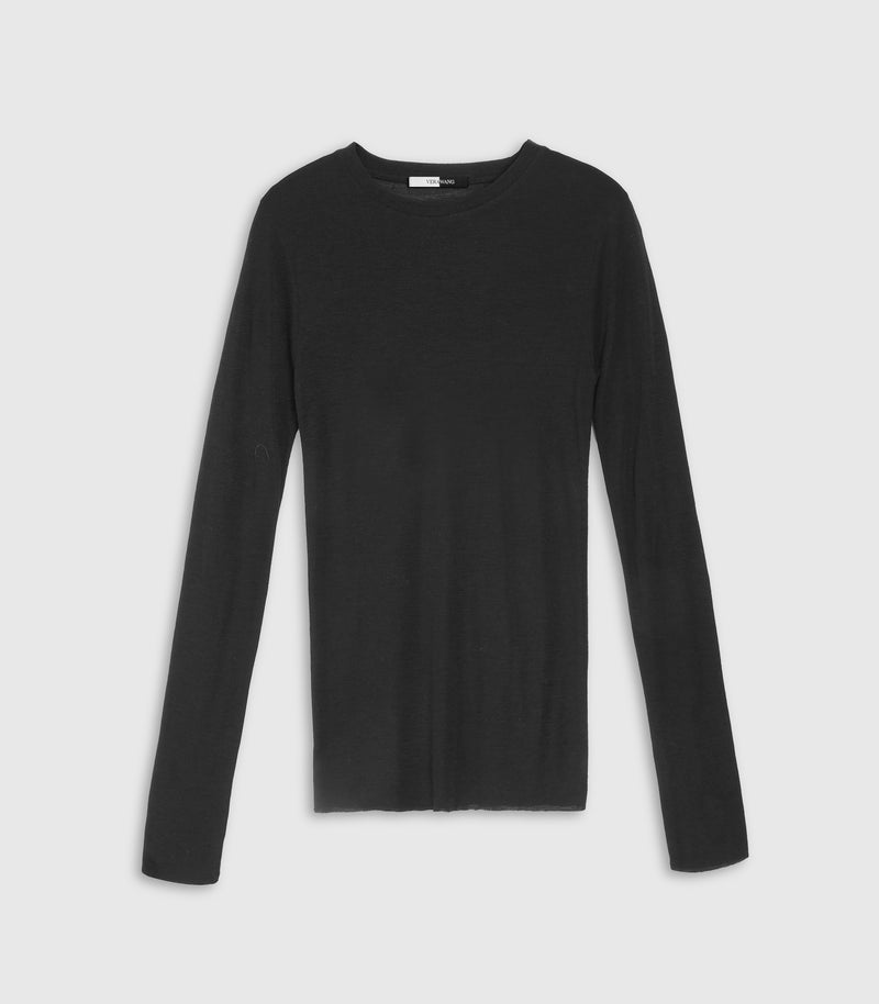A black long-sleeve crewneck knit top, displayed flat against a light gray background.