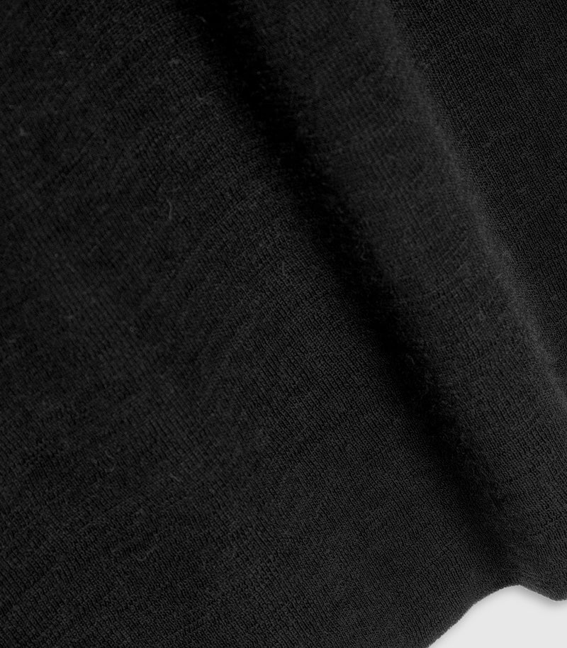 A close-up of black knit fabric with soft folds and a visible texture, filling the frame.