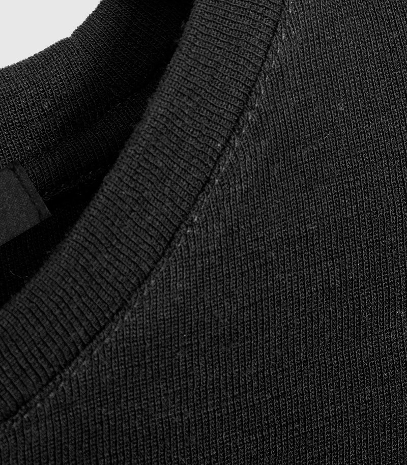 Close-up detail of a black ribbed knit garment, showing the texture of the fabric and collar construction.
