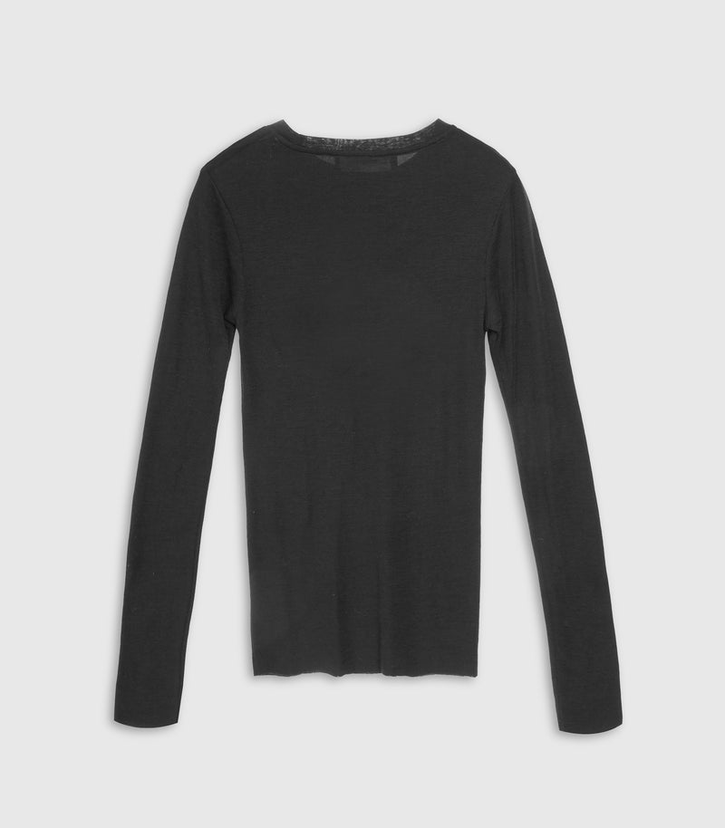 A black long-sleeve crewneck knit top displayed flat against a light gray background.