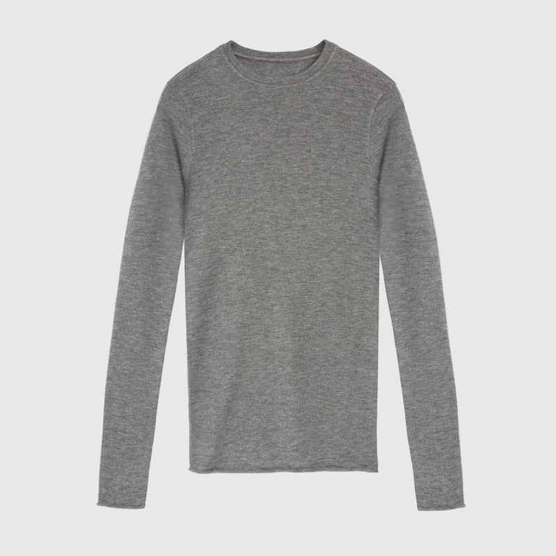 A long-sleeve crewneck knit top in heather gray, displayed flat against a plain white background.