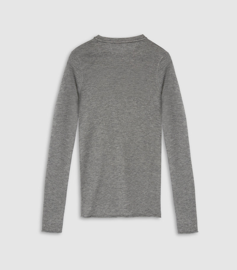 A heather gray long-sleeve crewneck shirt shown from the back, laid flat against a light gray background.