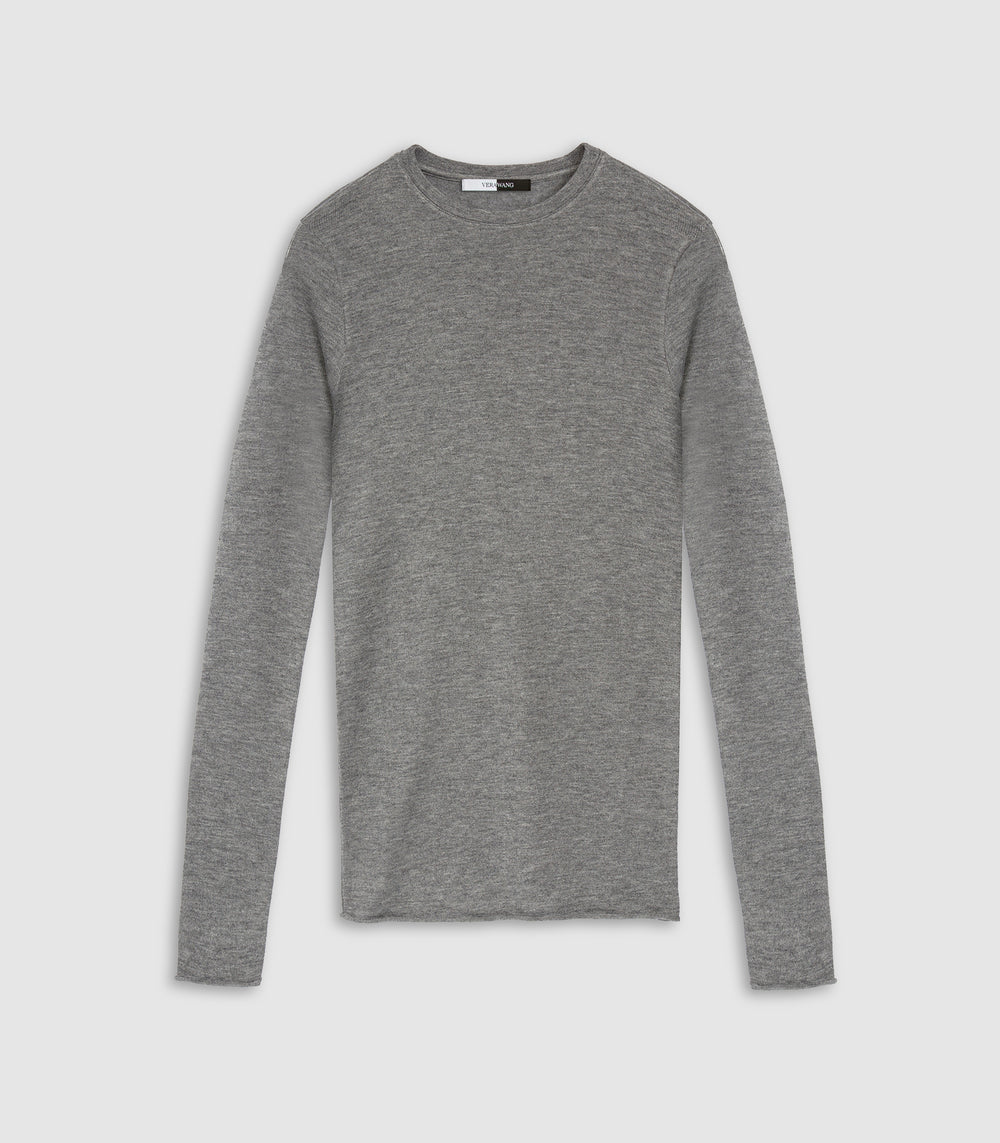 A classic long-sleeve crewneck sweater in heather gray, presented flat against a light gray background.