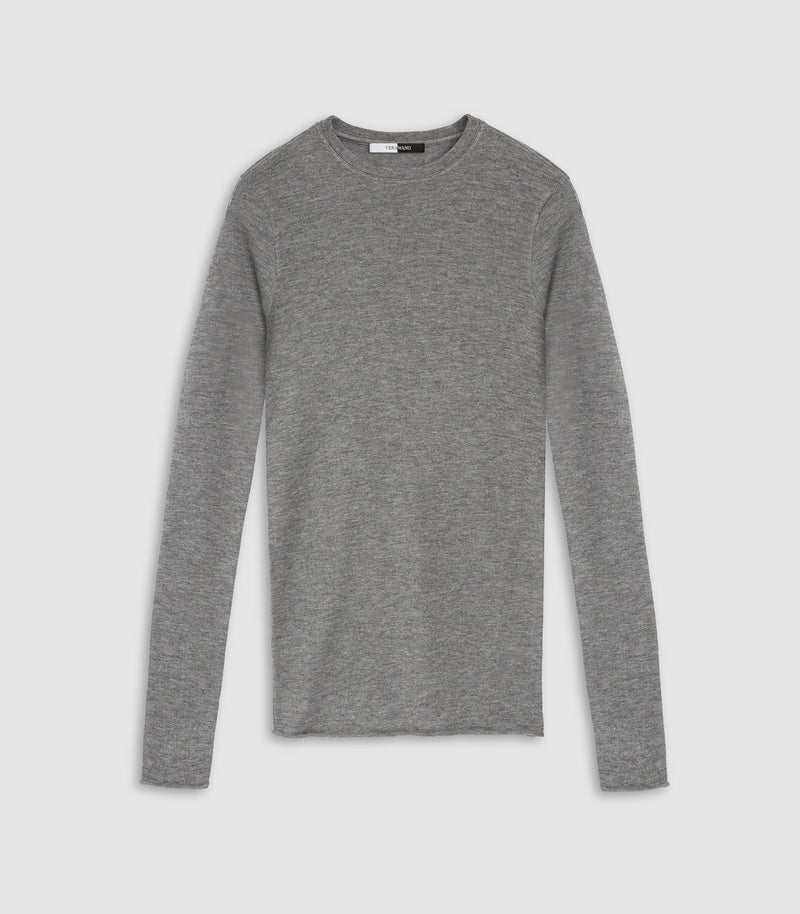 A classic long-sleeve crewneck sweater in heather gray, presented flat against a light gray background.