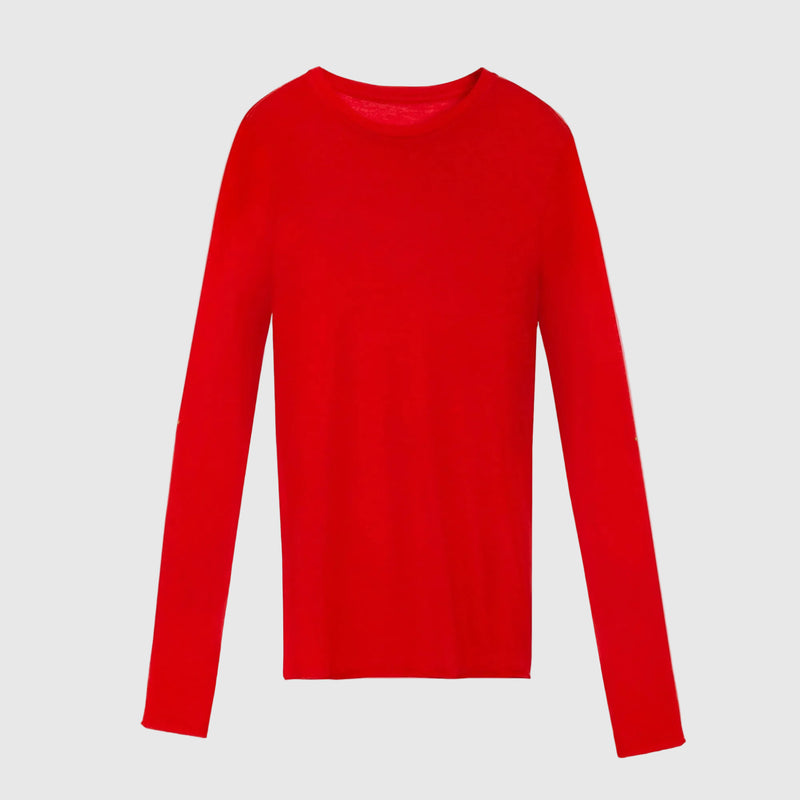 A bright red long-sleeve crewneck knit top, displayed flat against a clean white background.