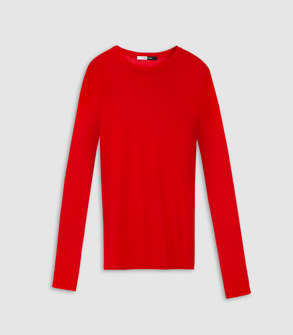 A bright red long-sleeve crewneck knit sweater displayed flat against a light gray background.