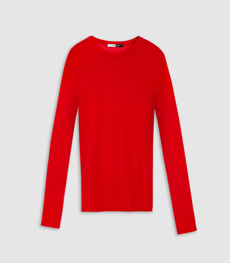 A bright red long-sleeve crewneck knit sweater displayed flat against a light gray background.