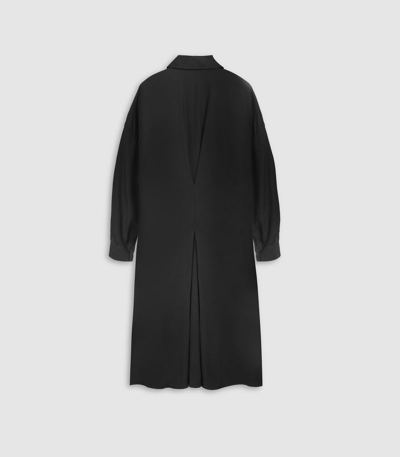 A black long-sleeve coat with a high collar and a dramatic V-shaped back opening, shown from the back against a light gray background.
