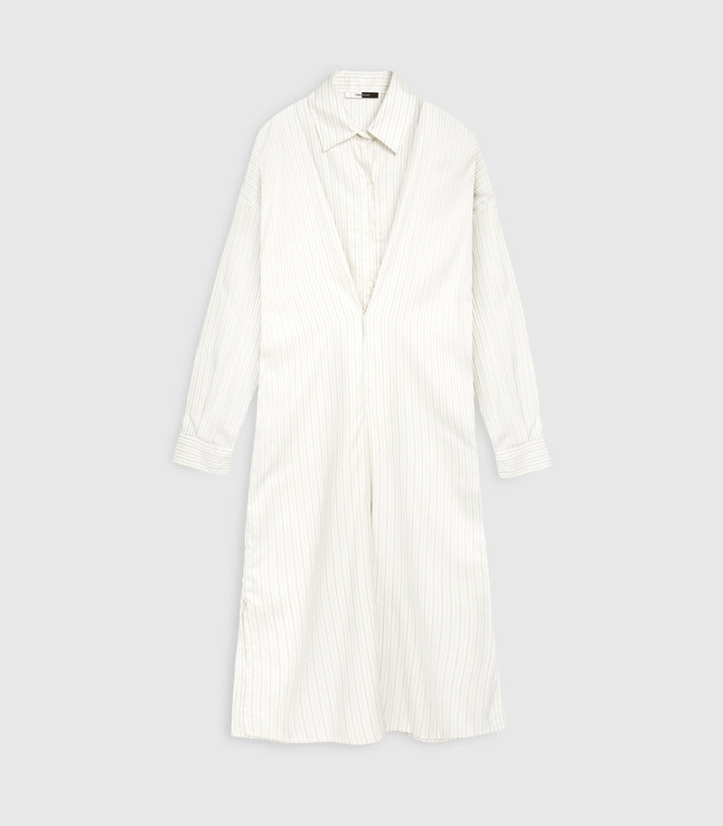 Flat lay front product view of an ivory-beige midi shirt dress in a fine vertical pinstripe pattern. The construction displays a traditional pointed collar, dropped shoulder seams, and long sleeves with structured cuffs, layered beneath an integrated front wrap overlay that creates a deep V-shaped structural fold and draped midi skirt, set against a seamless light grey backdrop.