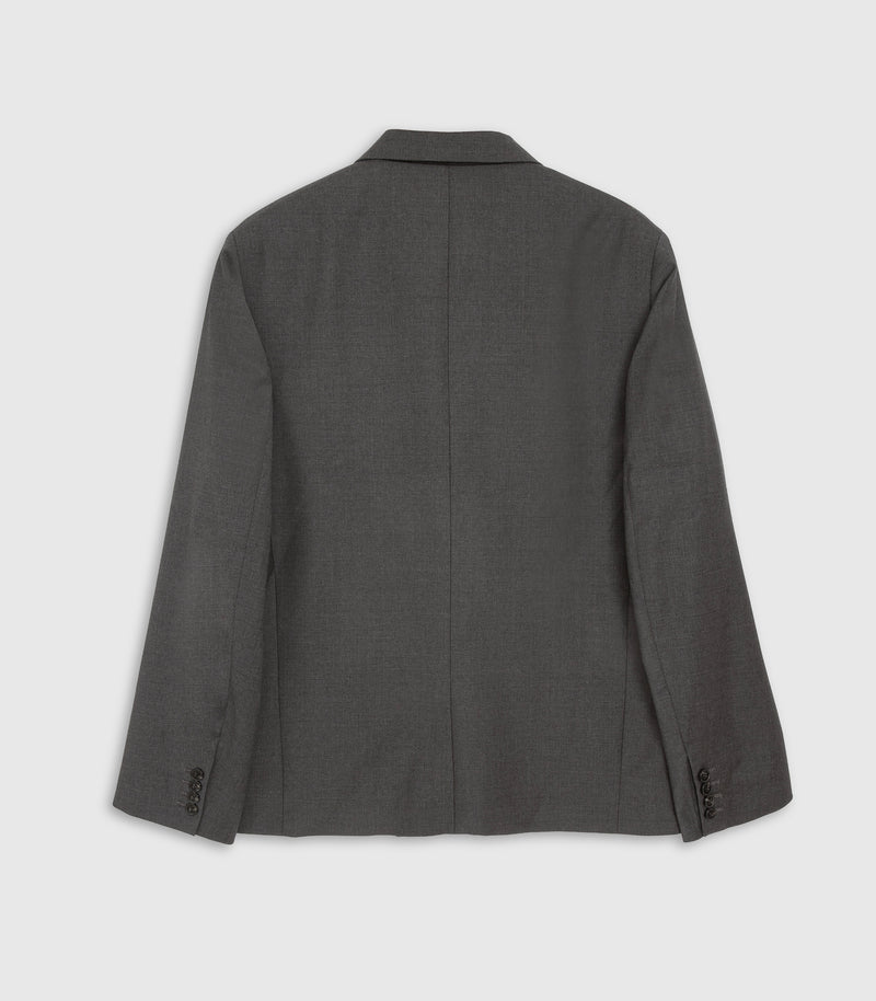 The back view of a dark gray wool blazer, displayed flat against a light gray background.