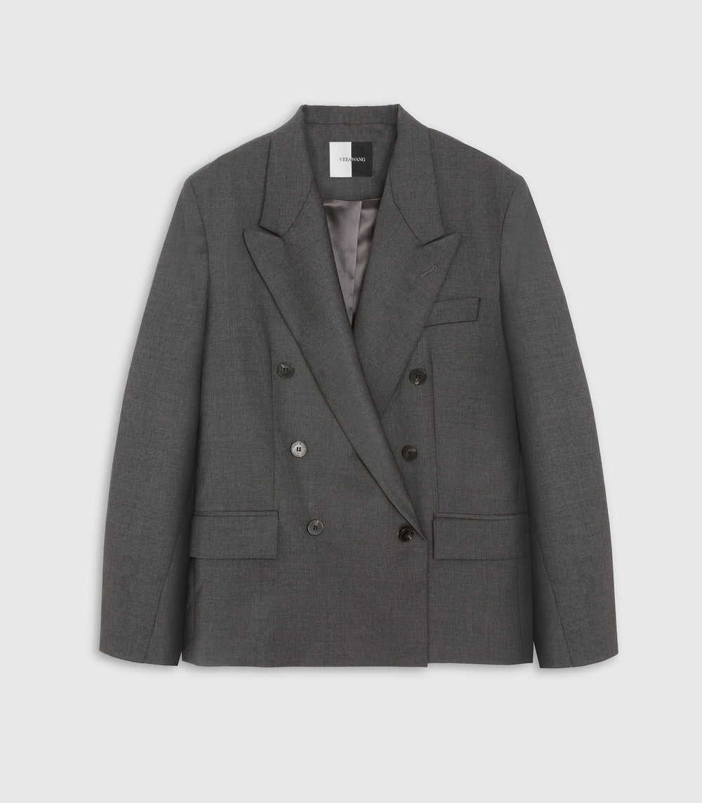 A dark gray double-breasted blazer with notch lapels, shown flat against a light gray background.