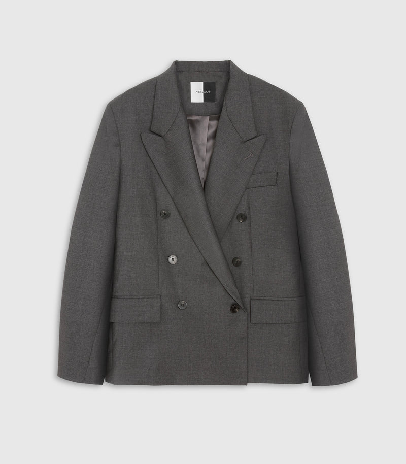 A dark gray double-breasted blazer with notch lapels, shown flat against a light gray background.