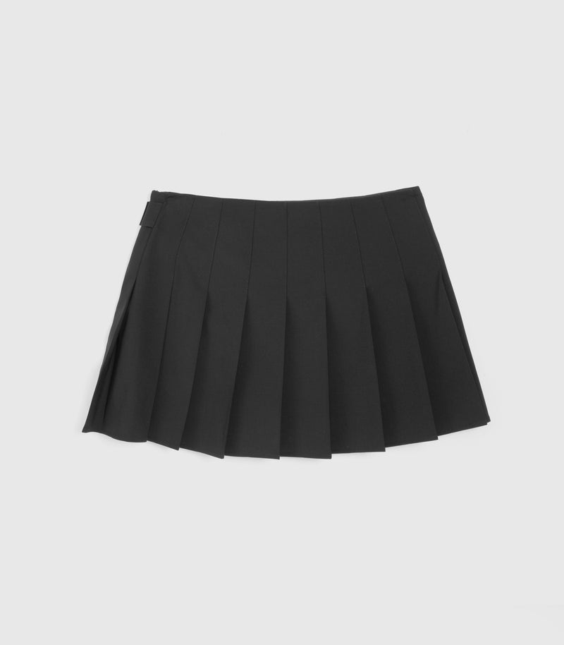 A black pleated skirt with a structured waistband, shown flat against a light gray background.