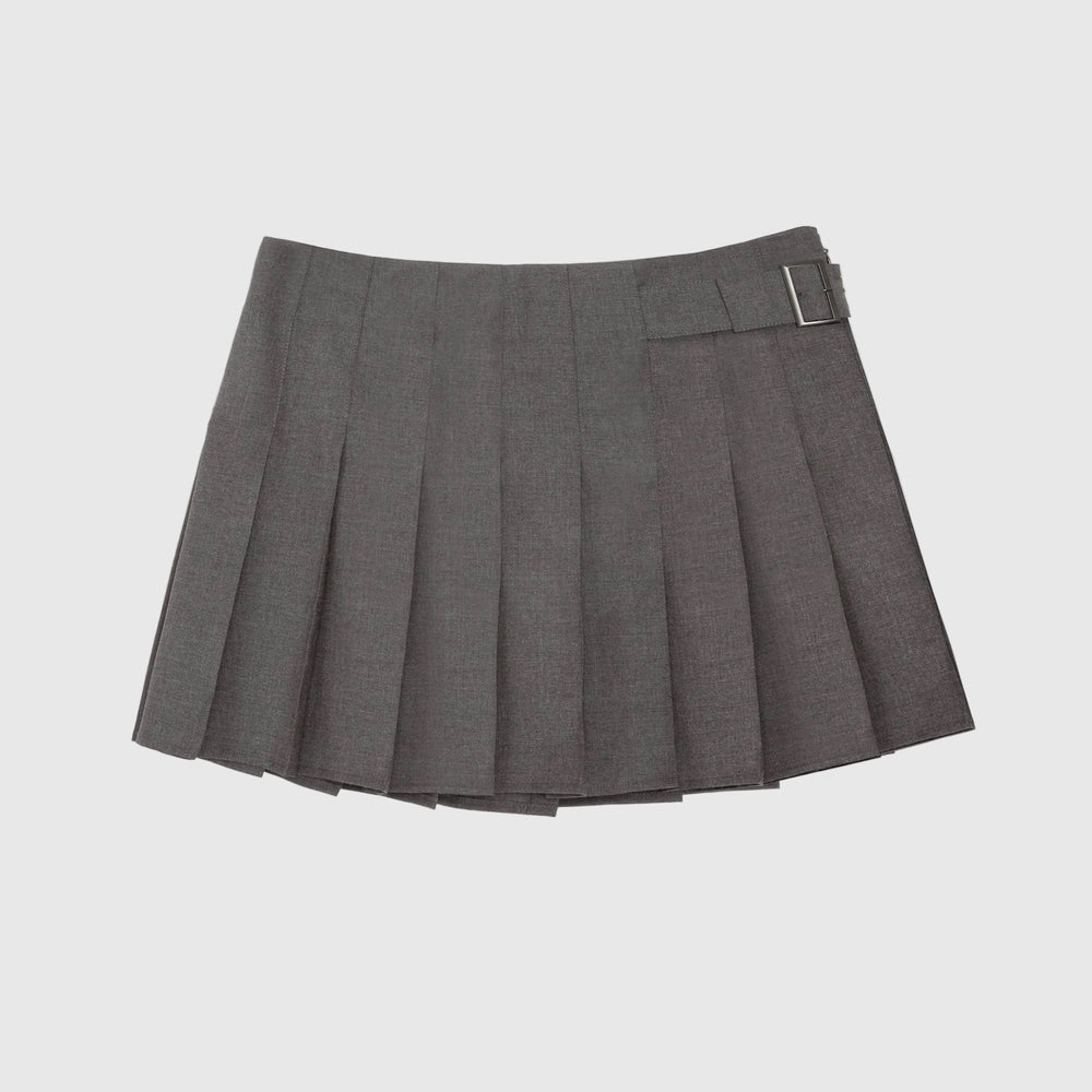 A gray pleated mini skirt with a matching belt and silver buckle, displayed flat against a white background.