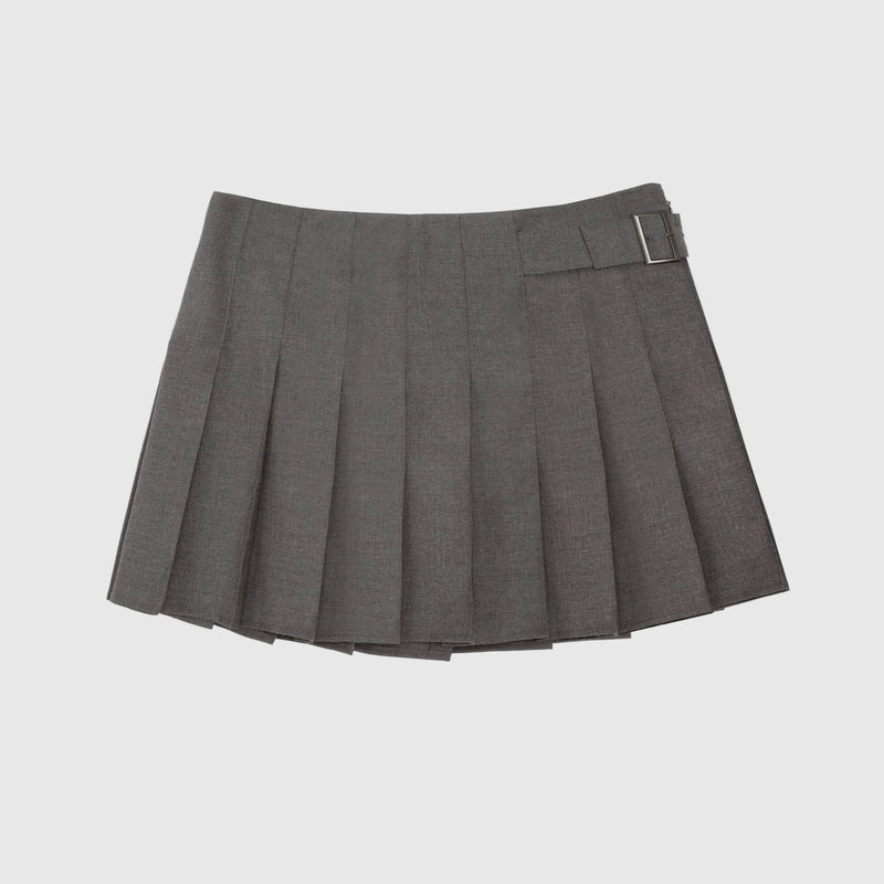 A gray pleated mini skirt with a matching belt and silver buckle, displayed flat against a white background.
