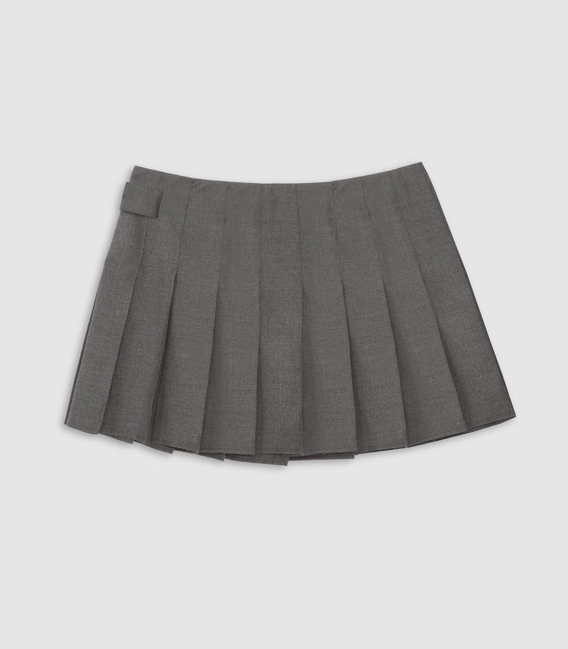 A gray pleated mini skirt with a structured waistband and a small side bow, shown flat against a light gray background.