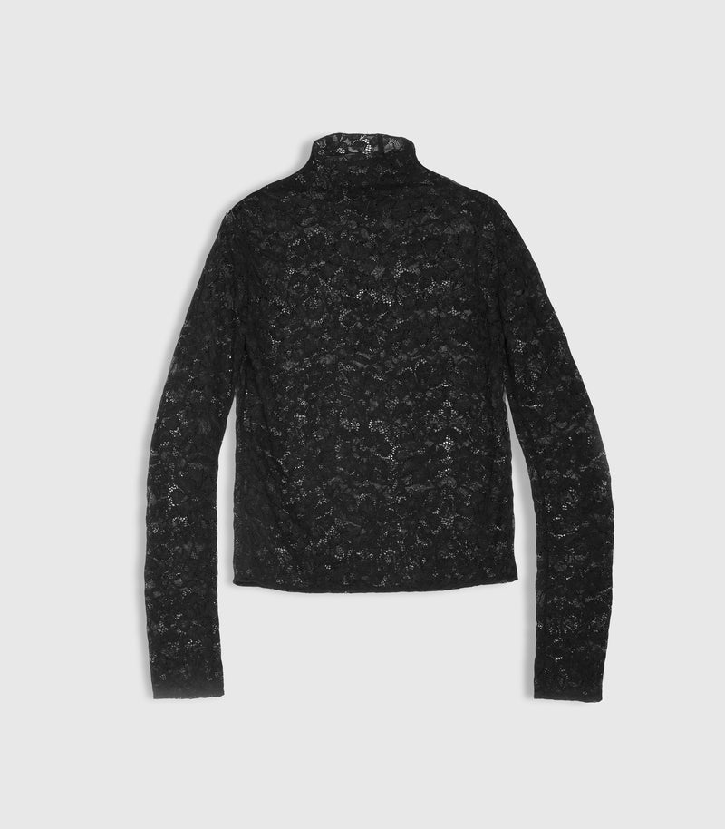 Flat lay product back view of a long-sleeved black polo neck top crafted from an all-over, sheer floral lace. The layout highlights the high mock collar neckline, long slim sleeves, and a straight hemline, against a light grey background.