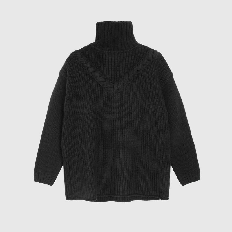 A black ribbed knit turtleneck sweater with a textured V-neckline detail, displayed flat against a plain white background.