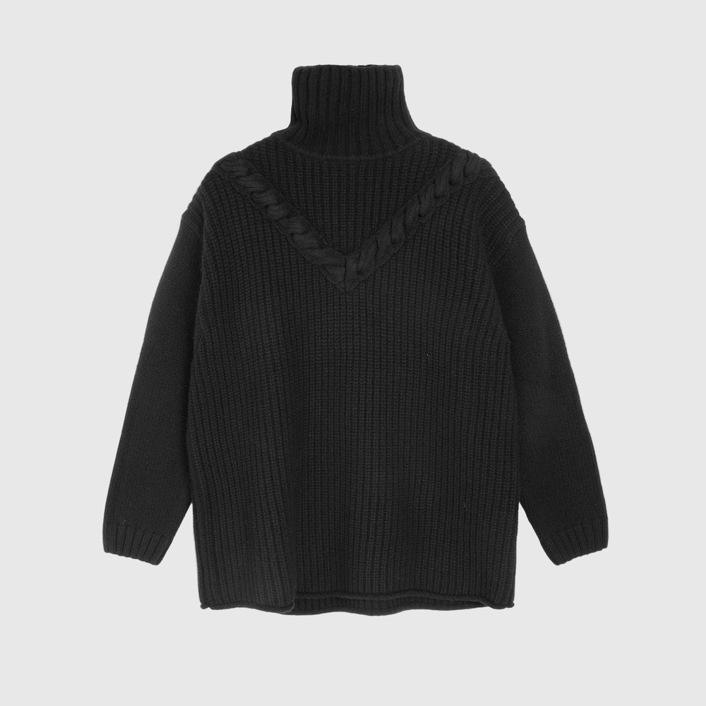 A black ribbed knit turtleneck sweater with a textured V-neckline detail, displayed flat against a plain white background.