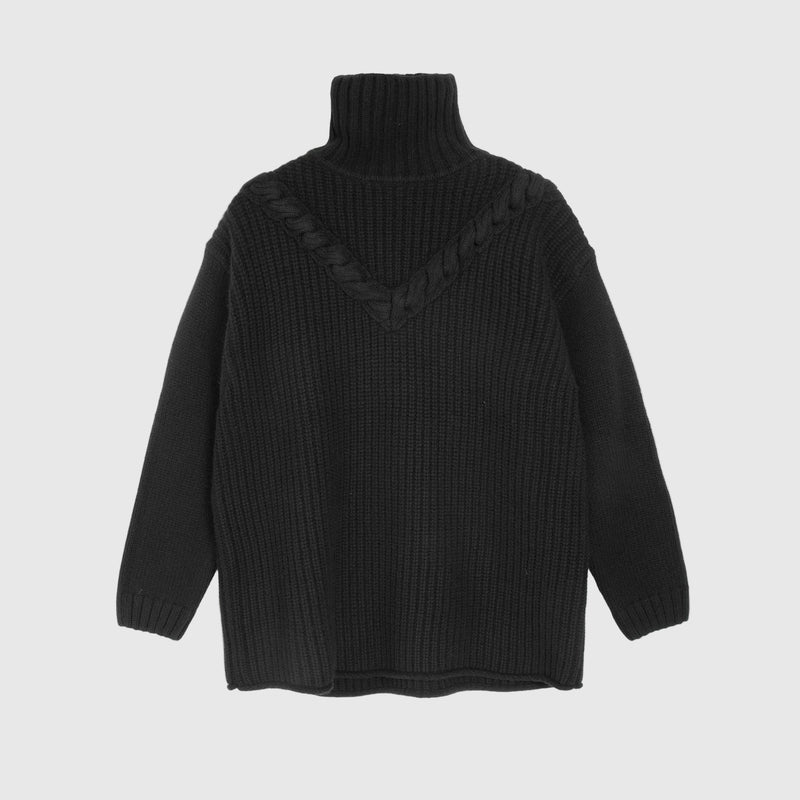 A black ribbed knit turtleneck sweater with a textured V-neckline detail, displayed flat against a plain white background.