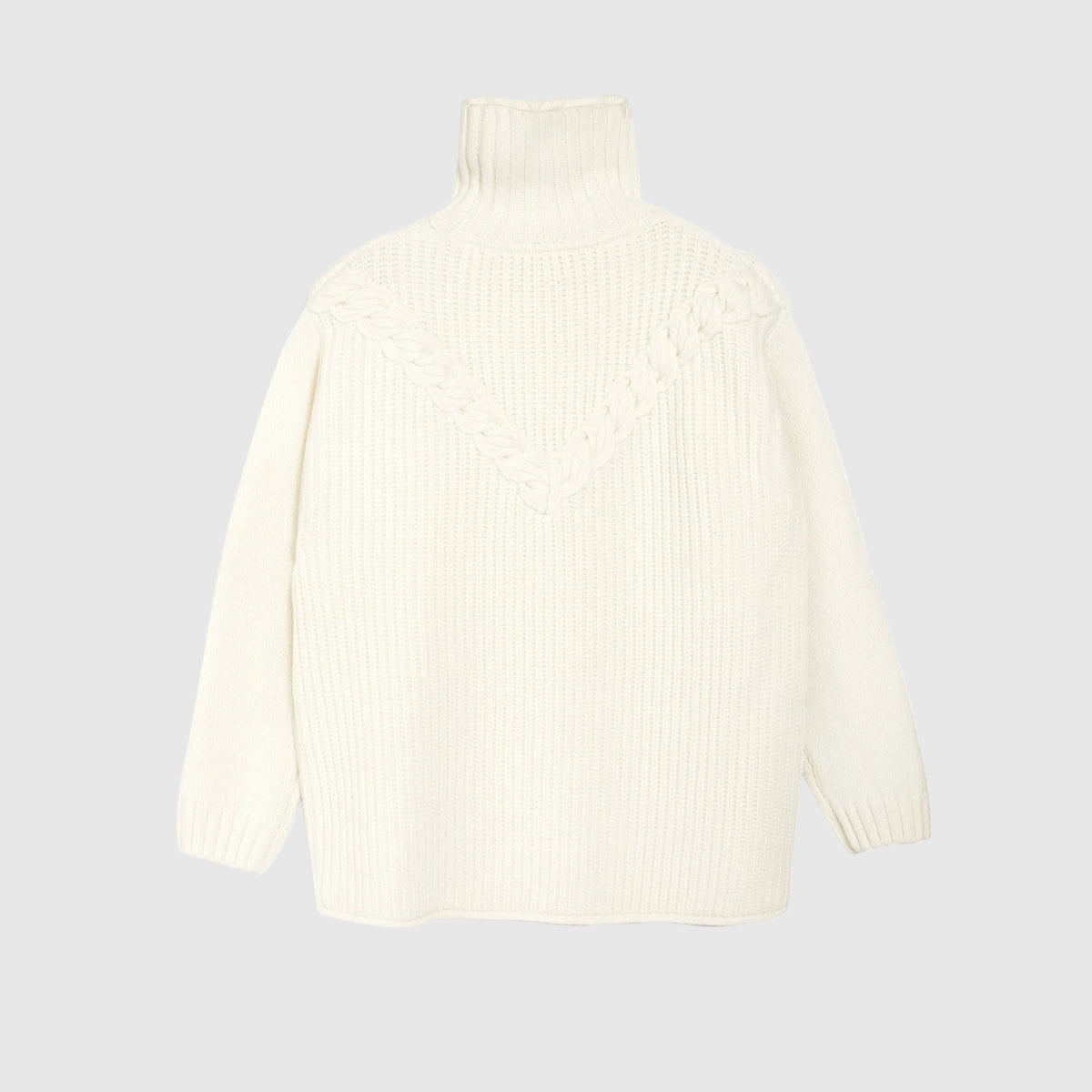 An off-white ribbed knit turtleneck sweater with a decorative cable-knit V-shaped yoke across the shoulders, shown from the back on a white background.