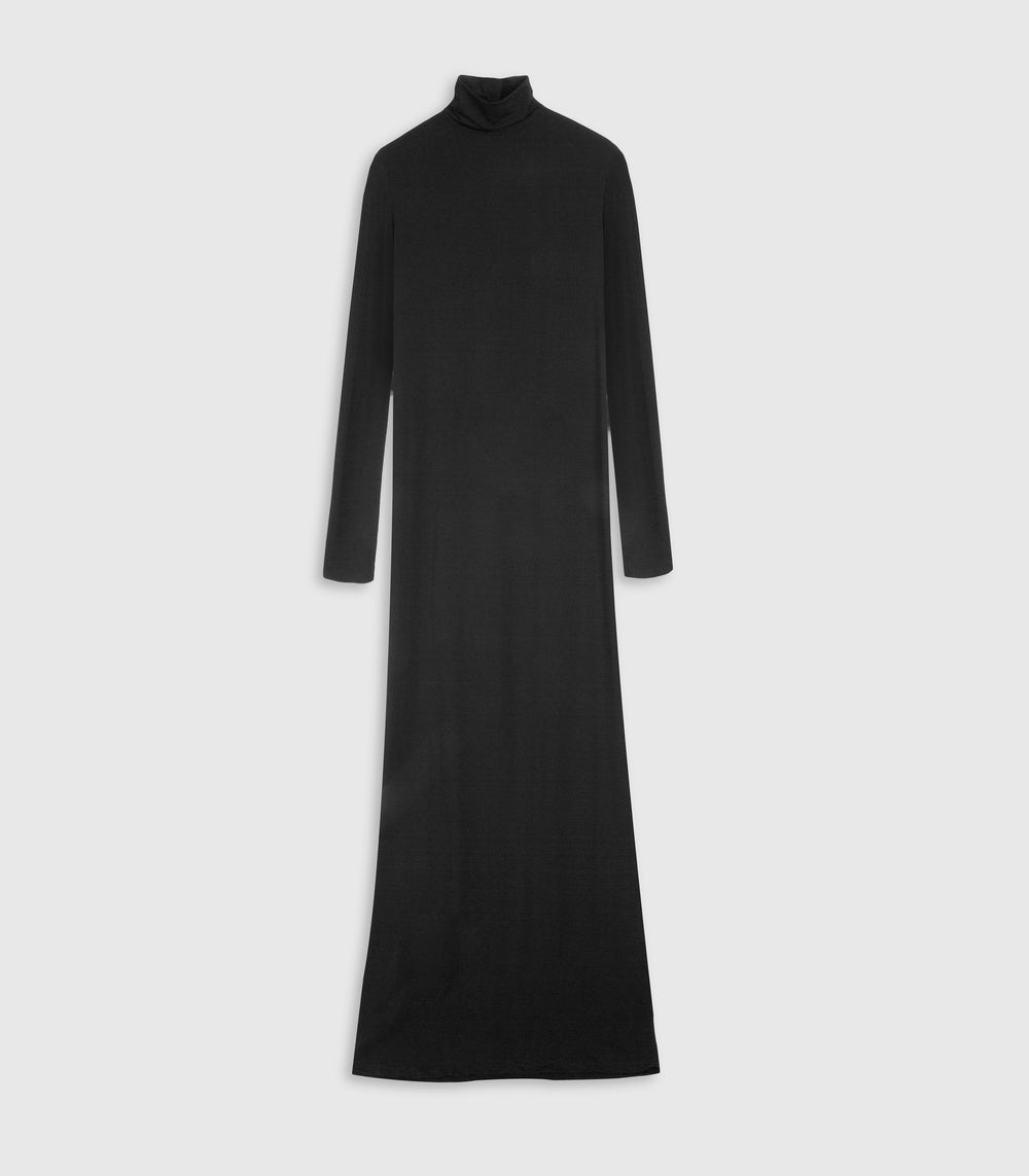 Front flat lay product view of a minimalist black maxi dress. The layout highlights a streamlined column silhouette featuring a high funnel neck collar and long, straight sleeves. The smooth matte fabric extends into a clean, seamless body that finishes with a wide, straight hemline, presented against a light grey studio background.