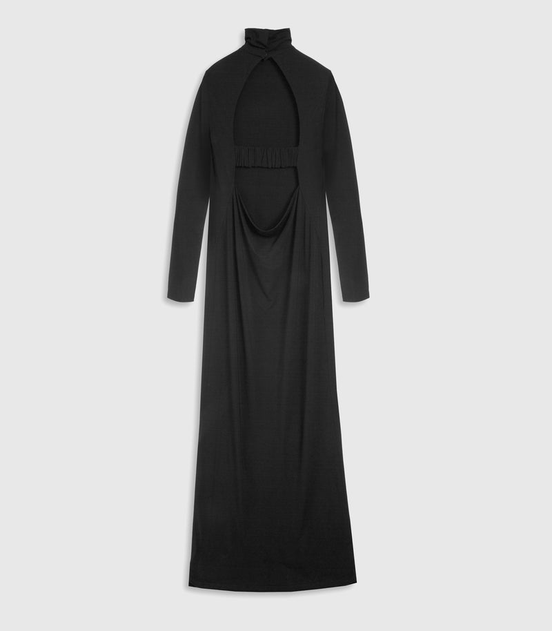 Rear flat lay product view of a minimalist black column maxi dress, showcasing its dramatic open-back design. The layout highlights a high funnel neck collar secured at the back with covered buttons, sitting above a large oval cut-out. A horizontal, gathered elasticated modesty strap bisects the opening, below which the fabric drapes into a soft, fluid cowl before extending to a straight hemline, set against a light grey studio background.