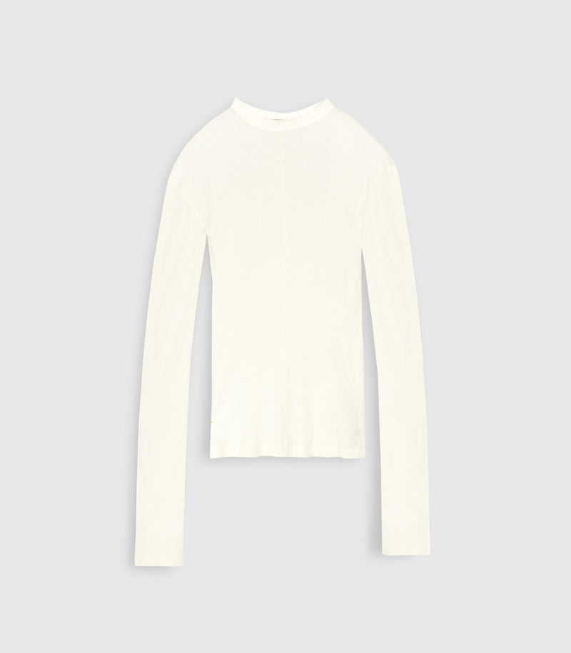 An ivory white sheer jersey long-sleeve top from Vera Wang, featuring a high crew neckline and extra-long sleeves. The lightweight knit shirt is photographed flat against a solid light gray studio background.