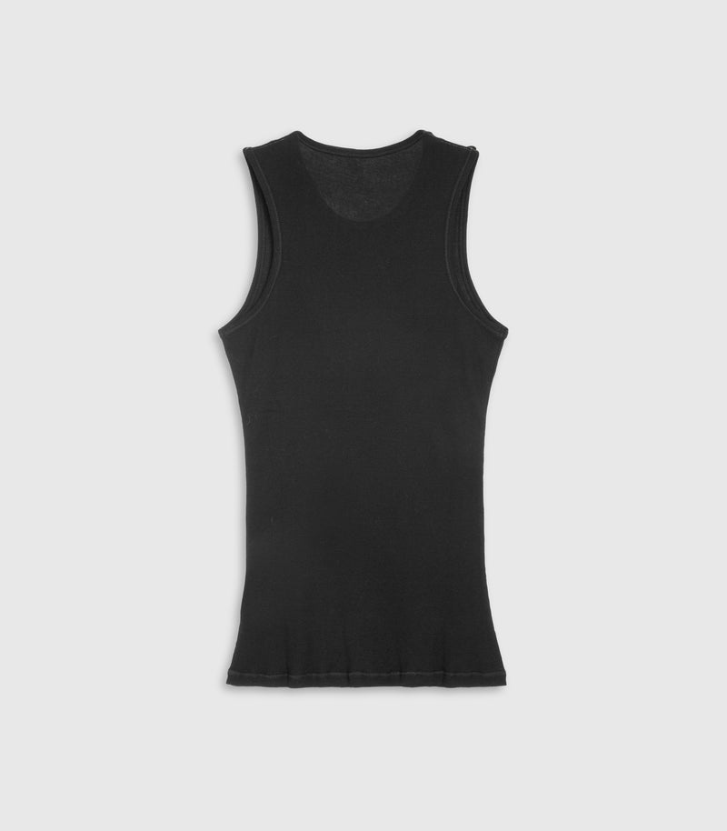 Flat lay rear view of a fitted black tank top showcasing a dramatic racerback silhouette with deeply scooped, athletic-cut armholes. The design features a premium vertical ribbed knit texture, a high straight back neckline, and a clean, stitched hemline, presented against a seamless light grey background.