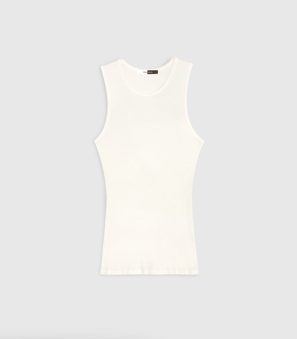 Flat-lay front view of a slim-fit ivory tank top, highlighting its fine vertical ribbed-knit texture. The garment features a classic scooped crew neckline, sleeveless athletic-style armholes, and a clean, straight hemline, presented isolated against a light grey background.