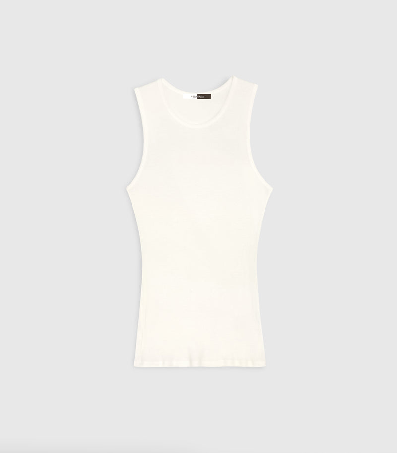 Flat-lay front view of a slim-fit ivory tank top, highlighting its fine vertical ribbed-knit texture. The garment features a classic scooped crew neckline, sleeveless athletic-style armholes, and a clean, straight hemline, presented isolated against a light grey background.