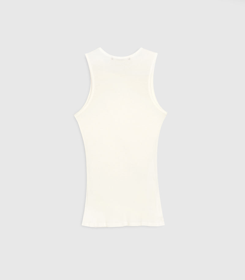 Flat-lay rear view of a slim-fit ivory tank top, showcasing its fine vertical ribbed-knit construction. The garment features a racerback-inspired silhouette with deeply curved armholes, a classic high-scooped rear neckline, and a clean, straight hemline, presented flat against a light grey background.