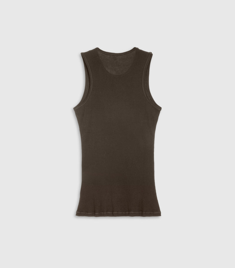 A dark brown ribbed tank top displayed flat against a light gray background.
