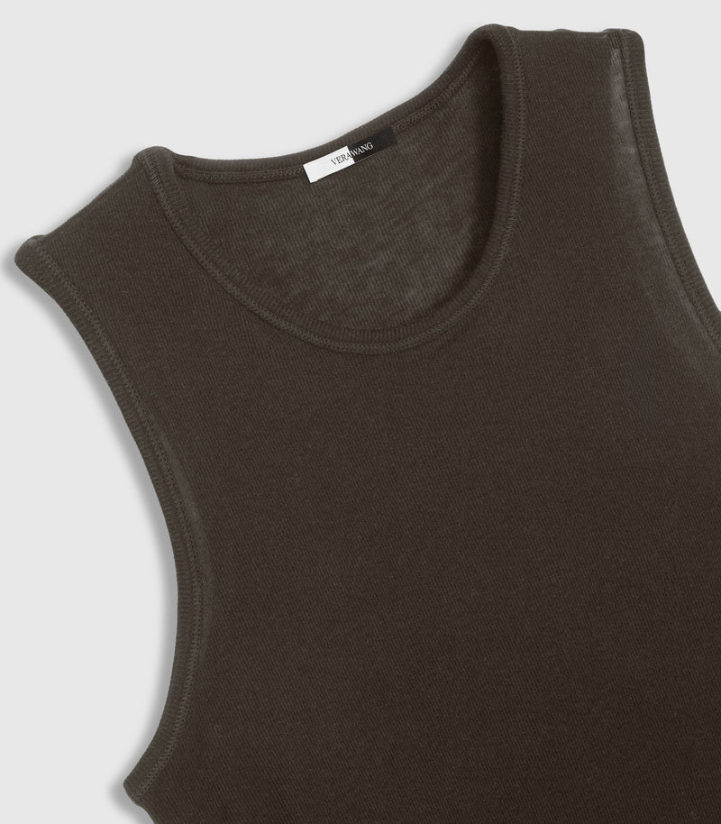 A close-up of a dark brown ribbed knit tank top, showing the crew neck and sleeveless silhouette against a light gray background.