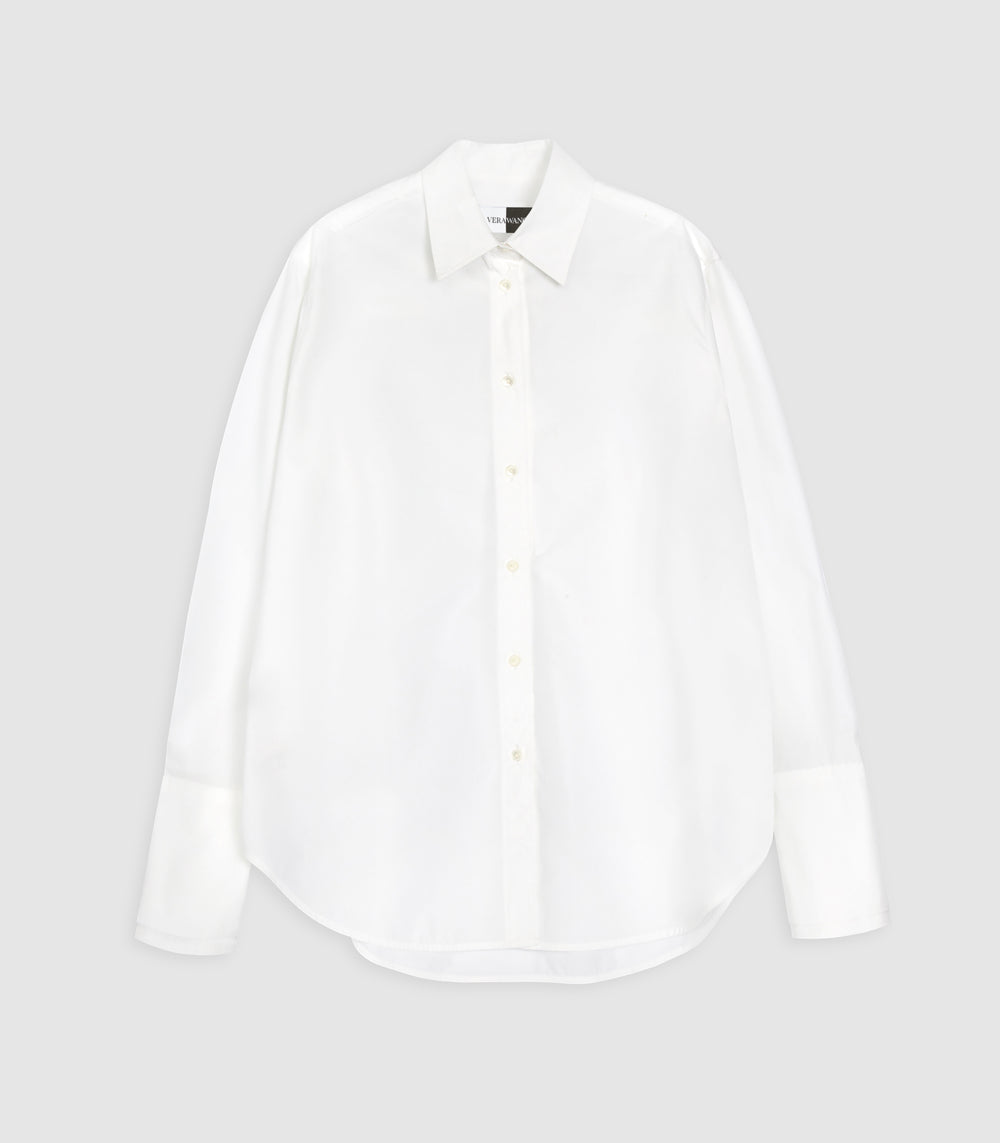 A white long-sleeve button-up shirt with a classic collar and button-down front, displayed flat against a light gray background.
