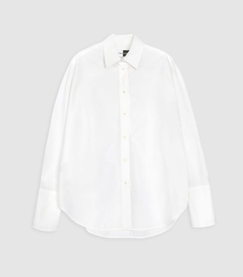 A white long-sleeve button-up shirt with a classic collar and button-down front, displayed flat against a light gray background.