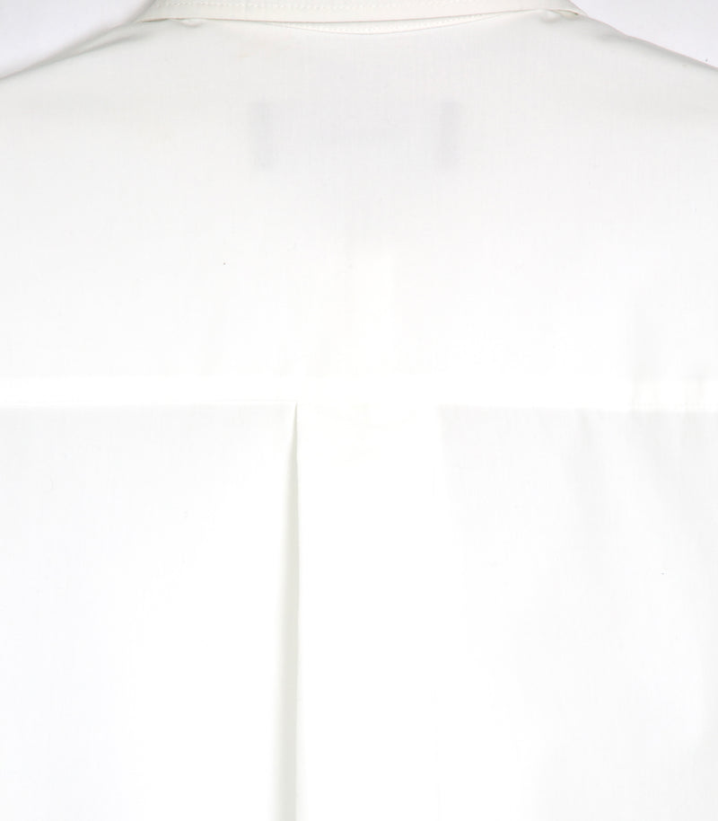 Close-up of the back of a white long-sleeve collared shirt, showing the collar, shoulder seam, and upper back panel.