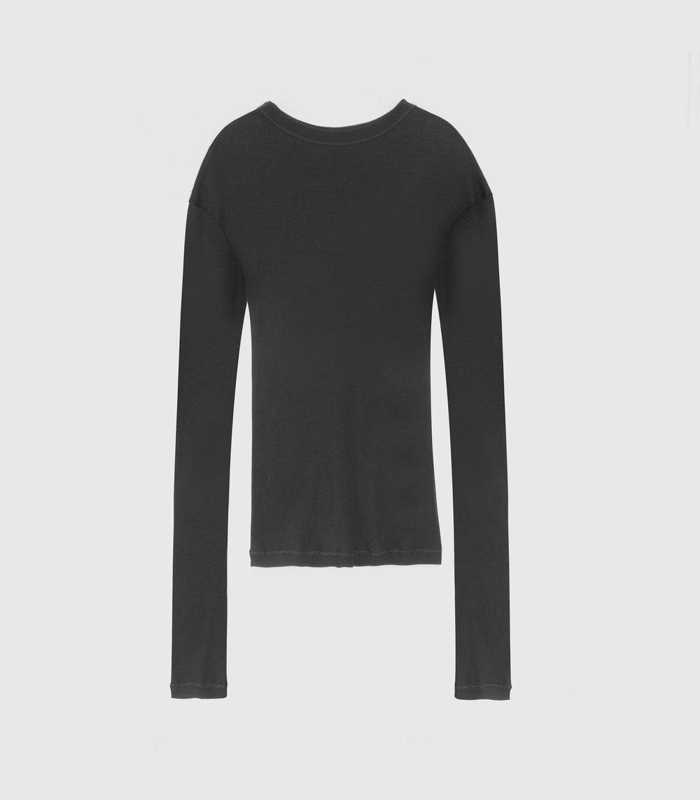 A black long-sleeve crewneck top displayed on a ghost mannequin against a light gray background.