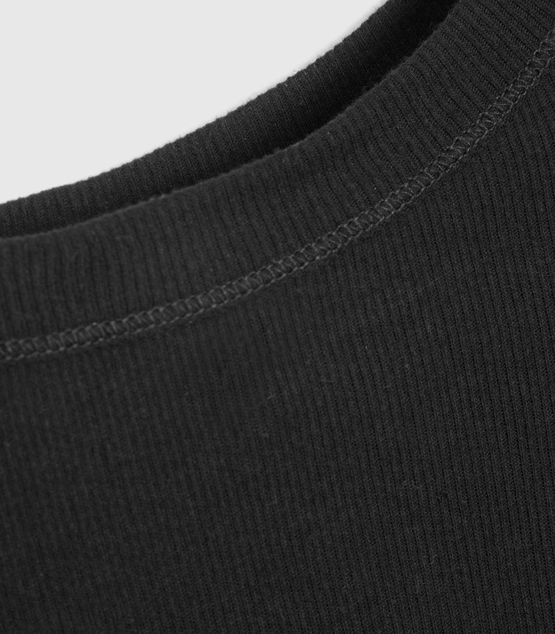 Close-up of a ribbed knit fabric neckline in black, showing the texture and stitching detail against a light gray background.