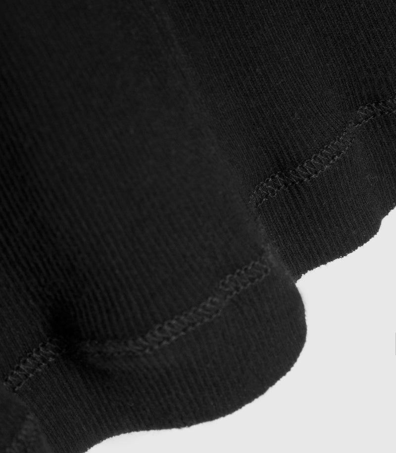 Close-up detail of a black ribbed knit garment, showing the texture and hem stitching against a light gray background.