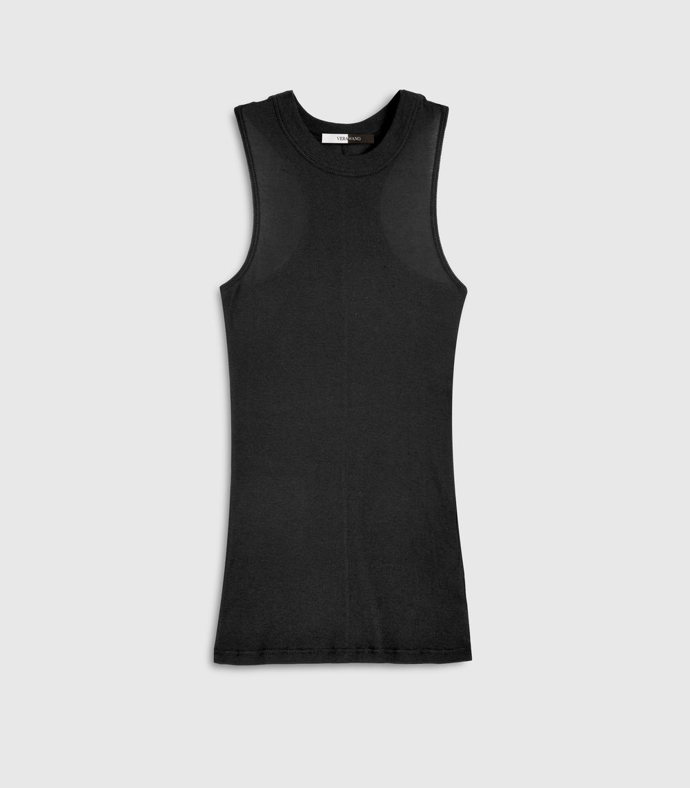 Flat lay product view of a fitted black tank top featuring a fine ribbed knit texture, a classic crew neckline, and a sleeveless silhouette. The top shows a visible split black-and-white inner neck brand label against a light grey background.