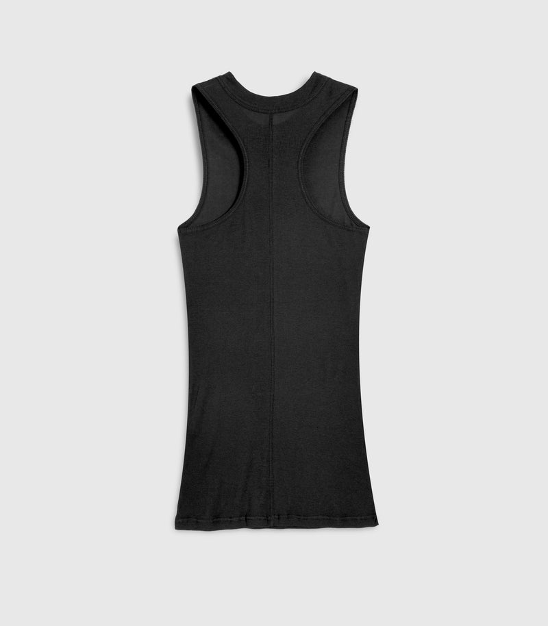 Flat lay product back view of a fitted black tank top featuring a fine ribbed knit texture, a classic crew neckline, and a sleeveless silhouette. The top shows a visible split black-and-white inner neck brand label against a light grey background.
