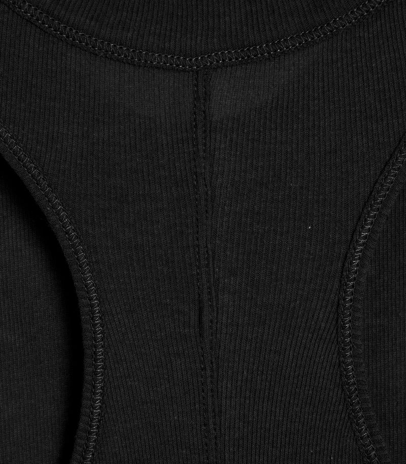 Macro close-up product view of the upper back on a black tank top, showcasing the fine ribbed knit fabric texture, a subtle V-shaped neckline collar seam, a flat-felled centre vertical seam, and precise tonal coverstitching along the curved racerback armholes.